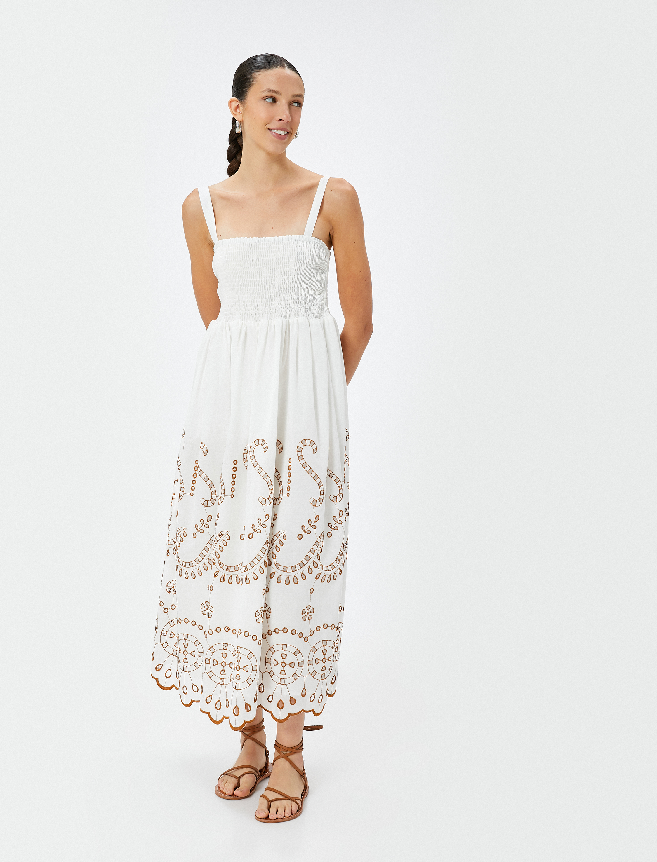   Fisto Elbise Askılı Midi Boy Gipe Detaylı Astarlı Pamuklu