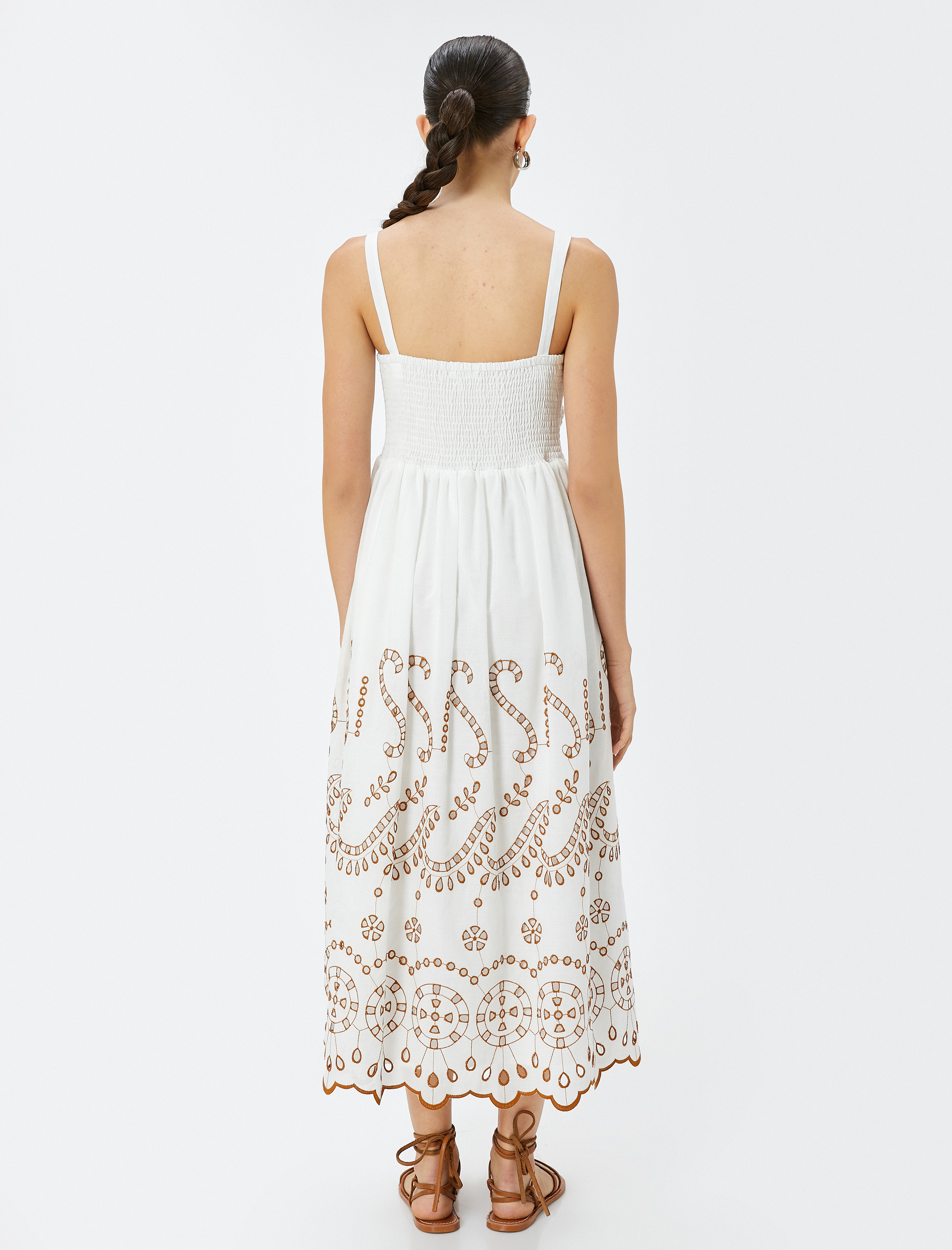   Fisto Elbise Askılı Midi Boy Gipe Detaylı Astarlı Pamuklu