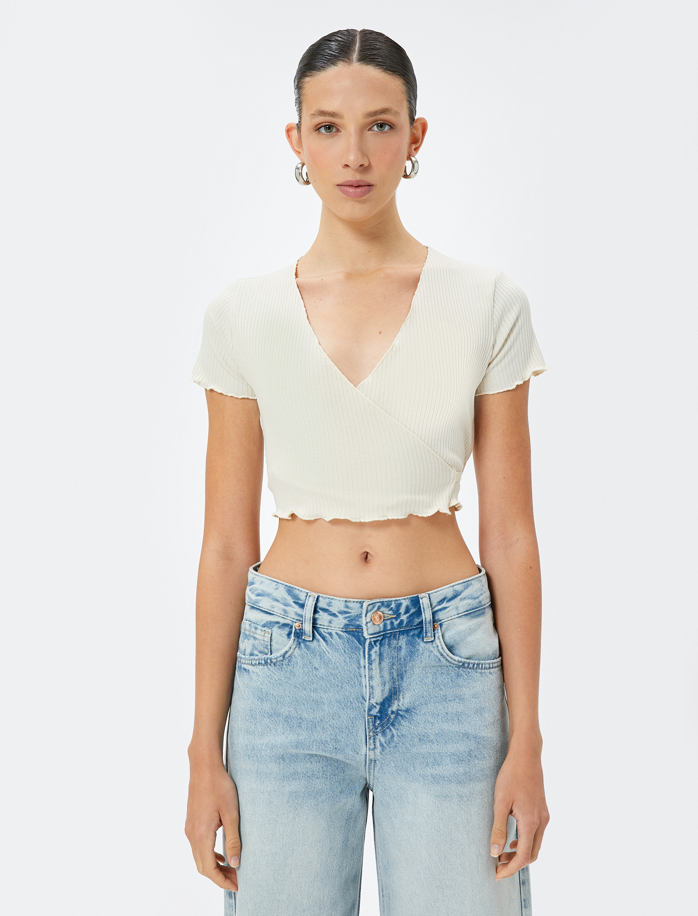   Crop Kruvaze Bluz Dokuma Kısa Kollu Bağlama Detaylı Slim Fit