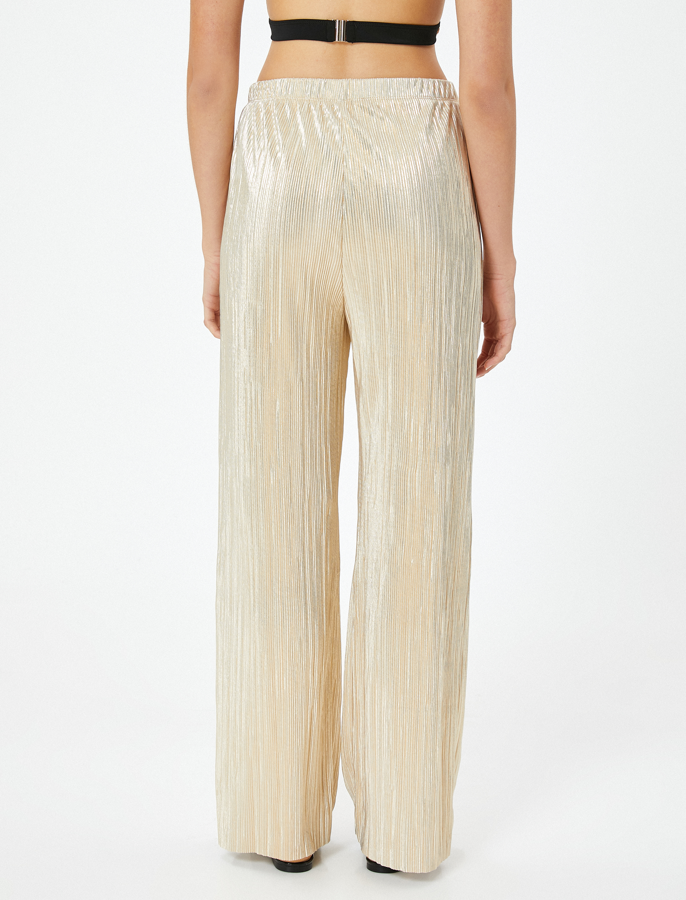   Pliseli Parlak Palazzo Pantolon Varak Baskılı Yüksek Bel