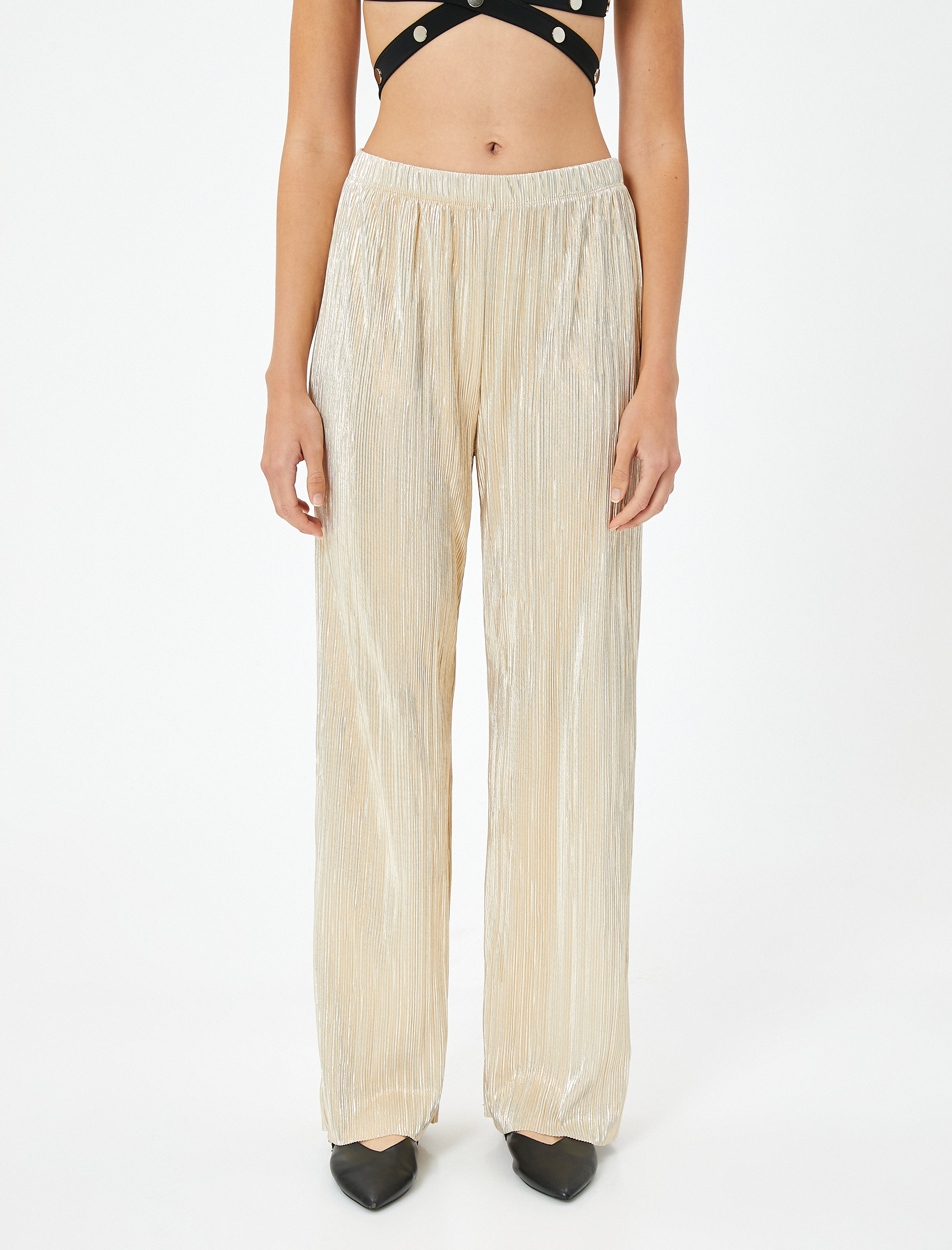   Pliseli Parlak Palazzo Pantolon Varak Baskılı Yüksek Bel