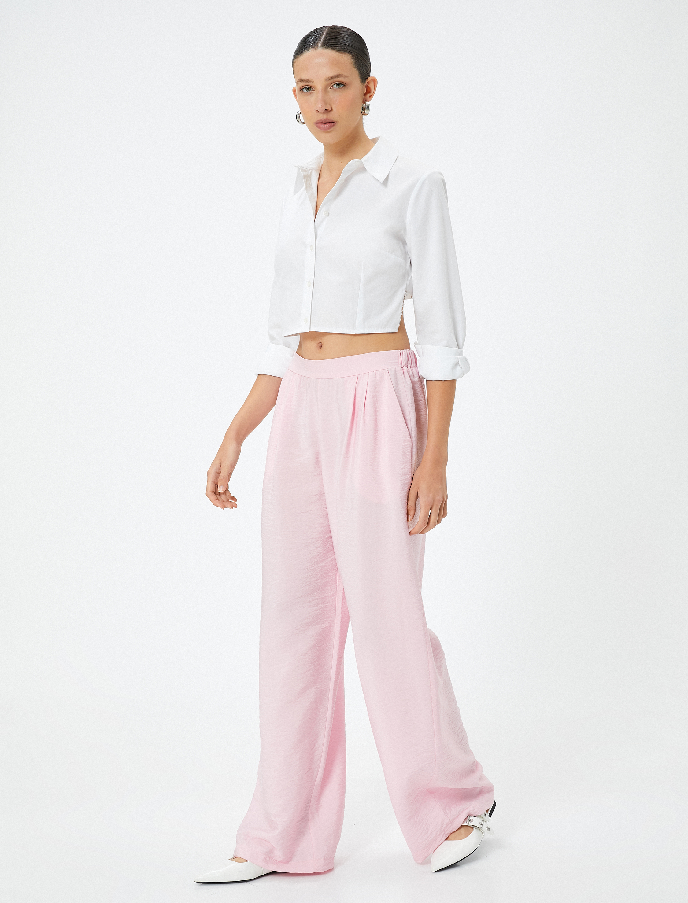   Palazzo Pantolon Yüksek Bel Cepli Viskoz Kumaş