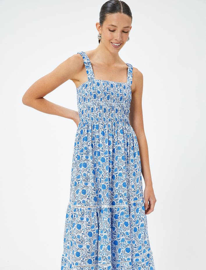  Uzun Çiçekli Viskon Elbise Kalın Askılı Gipeli Viskoz Kumaş