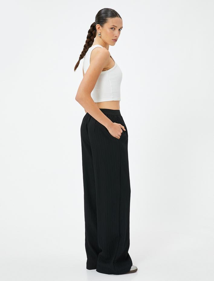  Geniş Paça Pantolon Beli Elastik Bant Detaylı Cepli Viskoz Kumaş