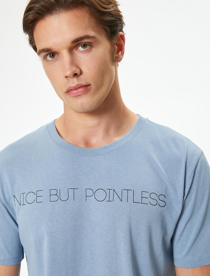  Slim Fit Tişört Slogan Baskılı Kısa Kollu Bisiklet Yaka Pamuklu