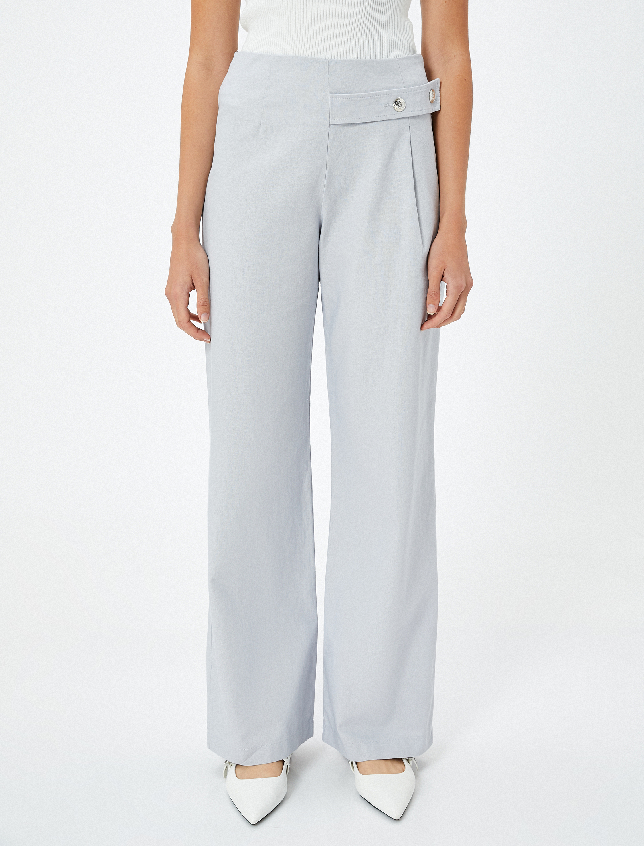   Keten Karışımlı Geniş Paça Pantolon Yüksek Bel Kemer Detaylı