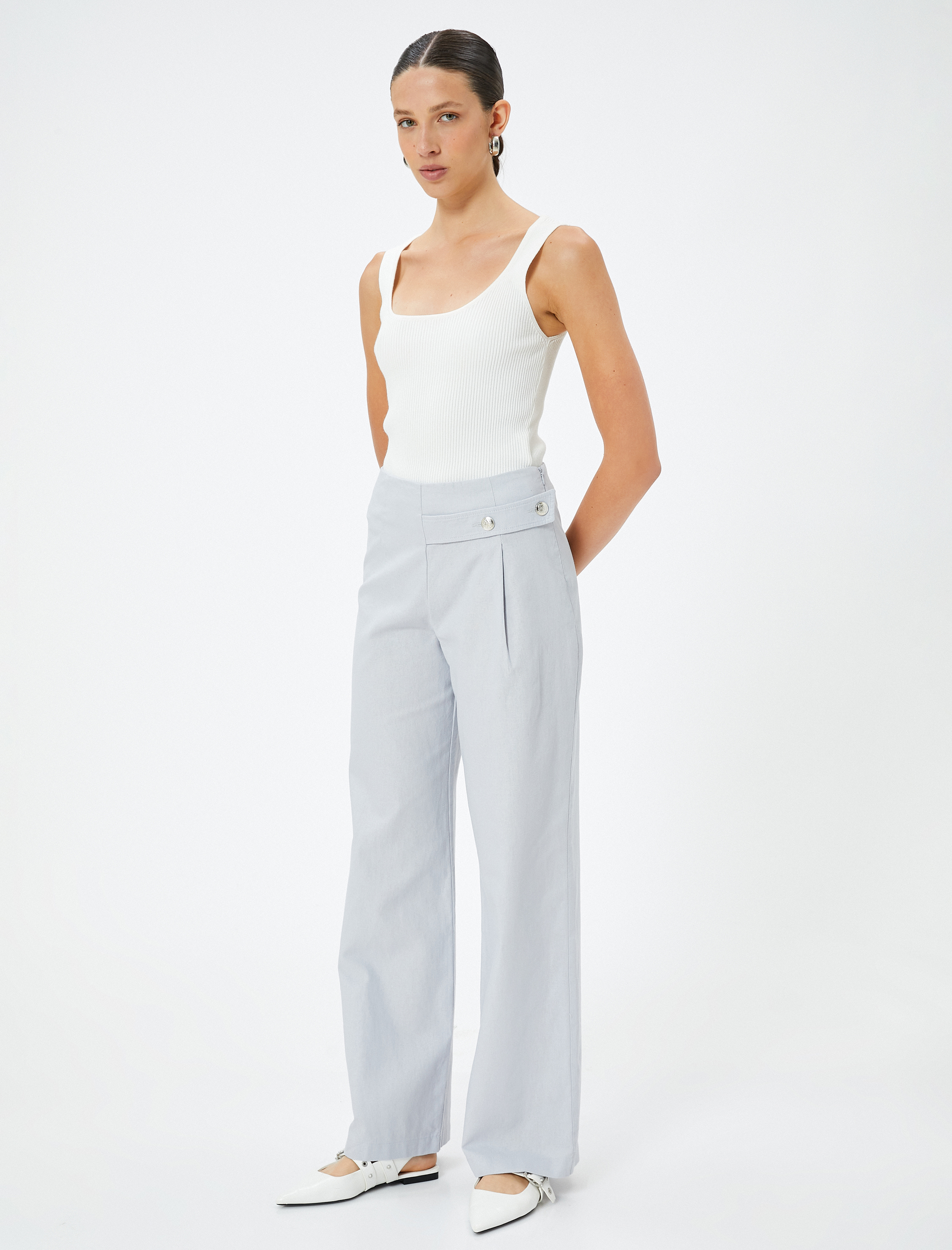   Keten Karışımlı Geniş Paça Pantolon Yüksek Bel Kemer Detaylı