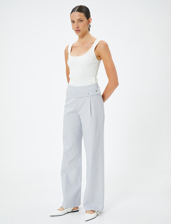  Keten Karışımlı Geniş Paça Pantolon Yüksek Bel Kemer Detaylı