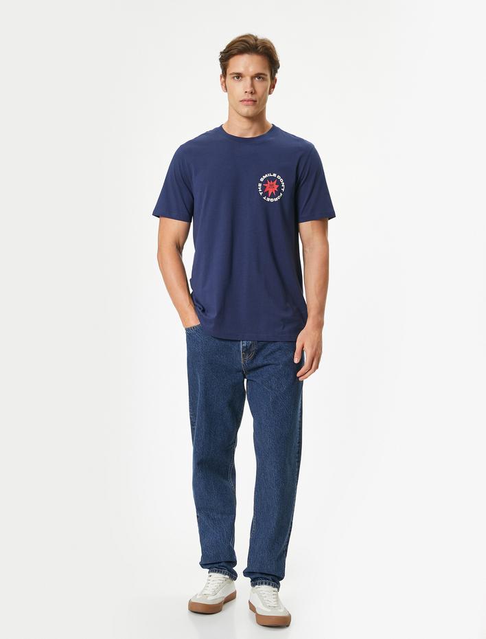  Slogan Baskılı Tişört Kısa Kollu Bisiklet Yaka Pamuklu