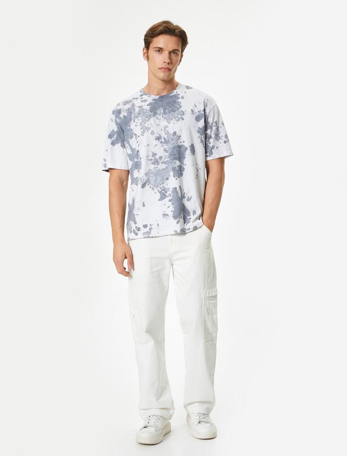  Oversize Tişört Batik Desenli Kısa Kollu Bisiklet Yaka Pamuklu