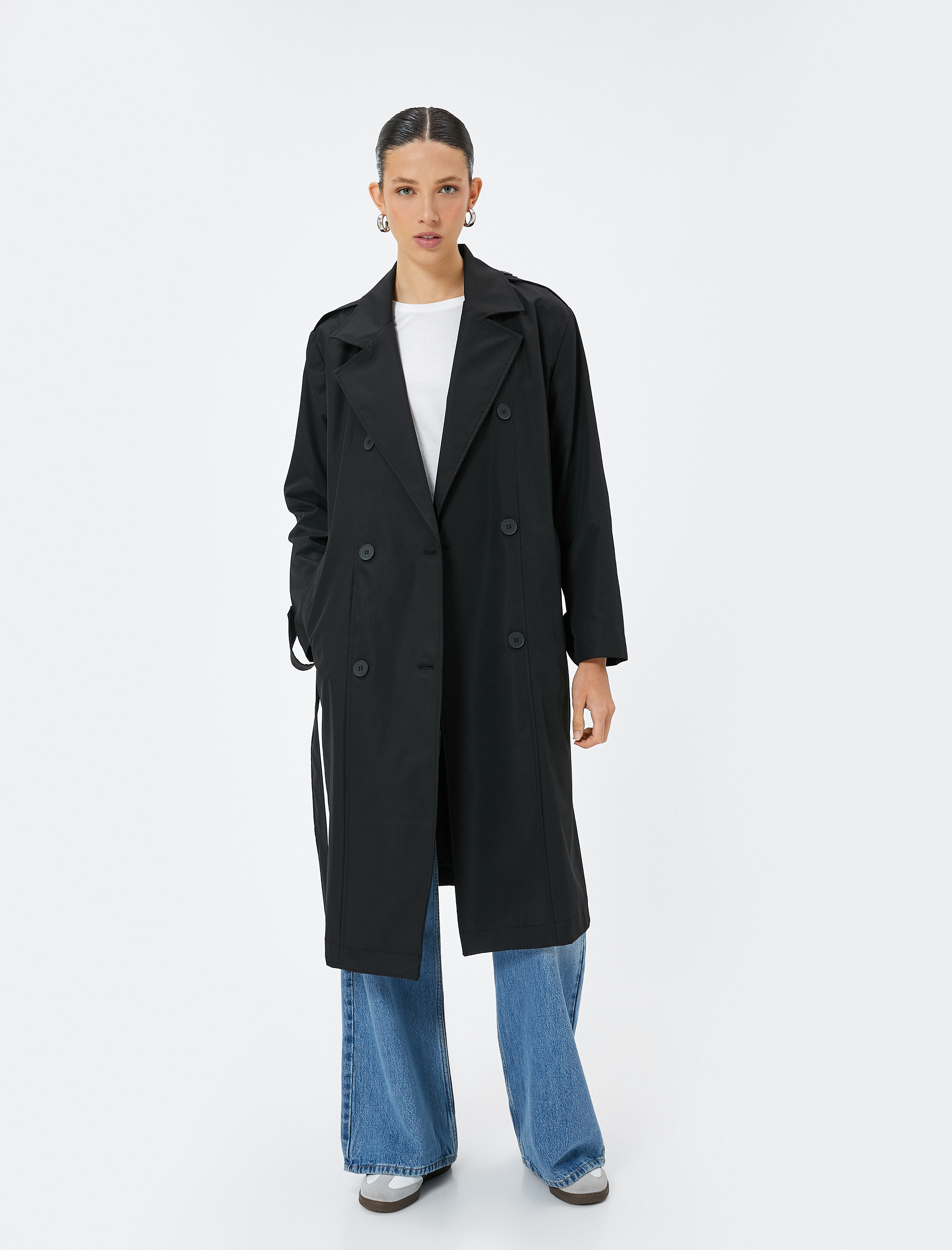 Trençkot Kruvaze Yaka Uzun Cepli