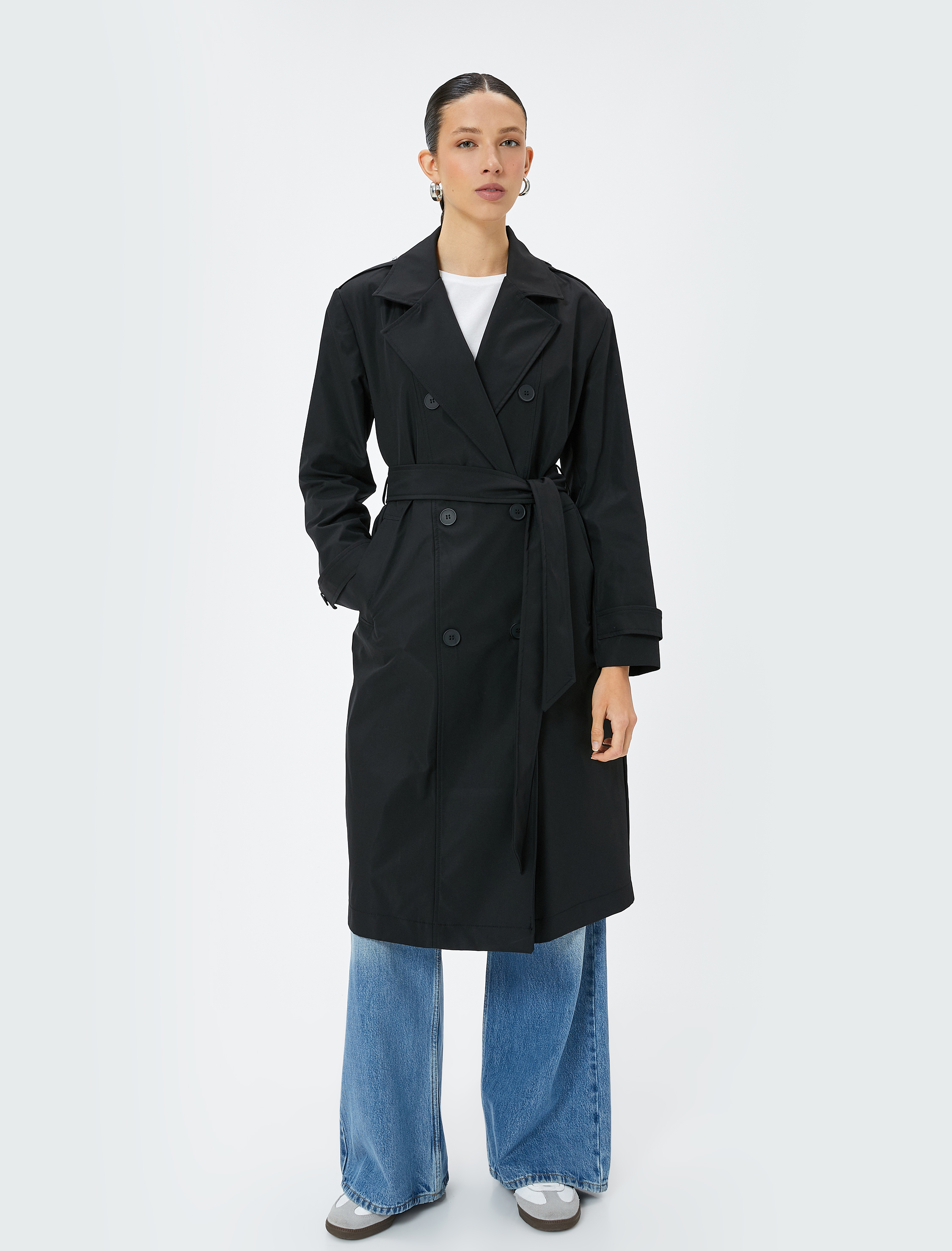 Trençkot Kruvaze Yaka Uzun Cepli