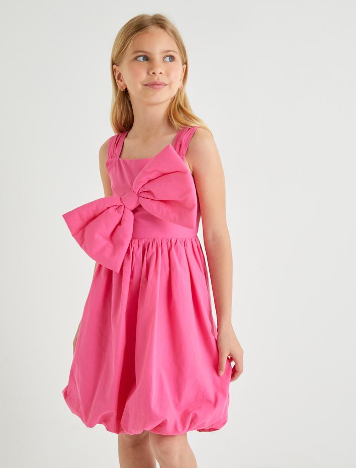 Kız Çocuk Fiyonklu Elbise Askılı Kare Yaka Balon Etek