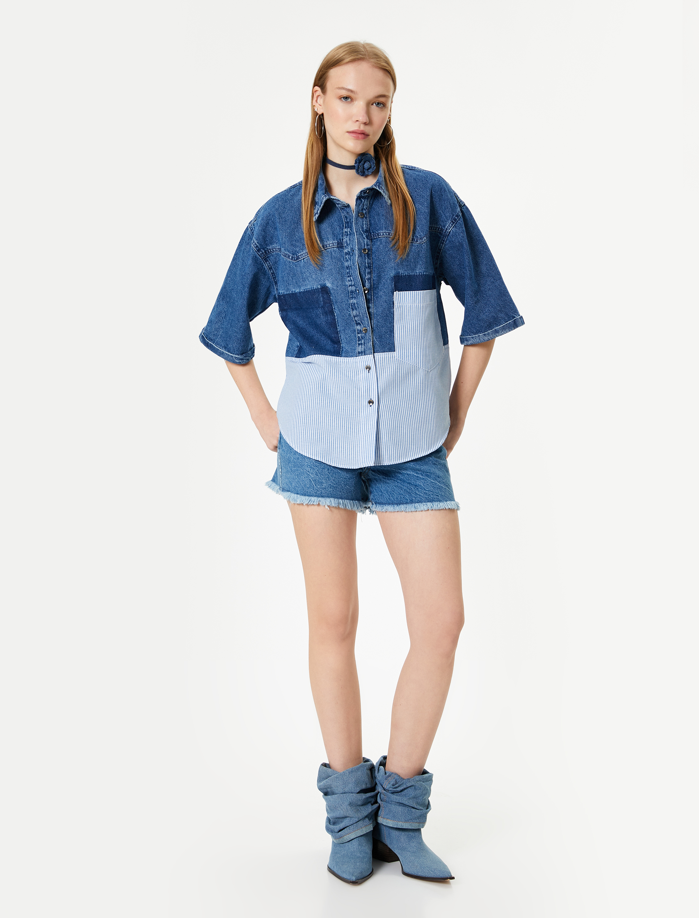   Denim Gömlek Çift Kumaş Detaylı Kısa Kollu Cepli Rahat Kalıp