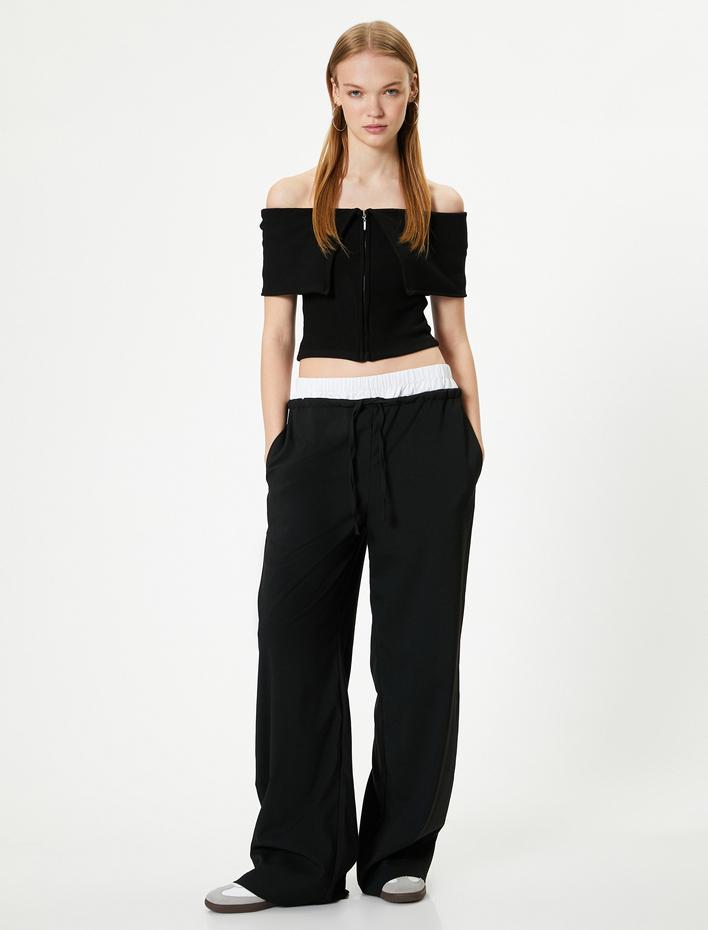  Omzu Açık Tişört Fermuarlı Kısa Kollu Fitilli Kat Detaylı Viskoz Kumaş