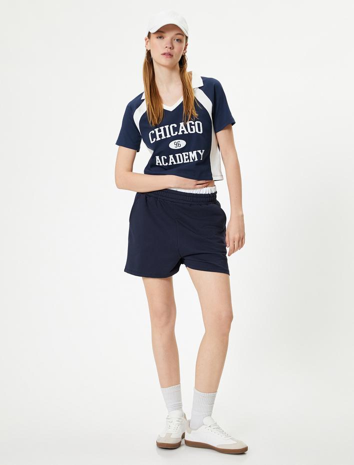  Polo Yaka Tişört  Crop Renk Kontrastlı Baskılı Slim Fit Pamuklu