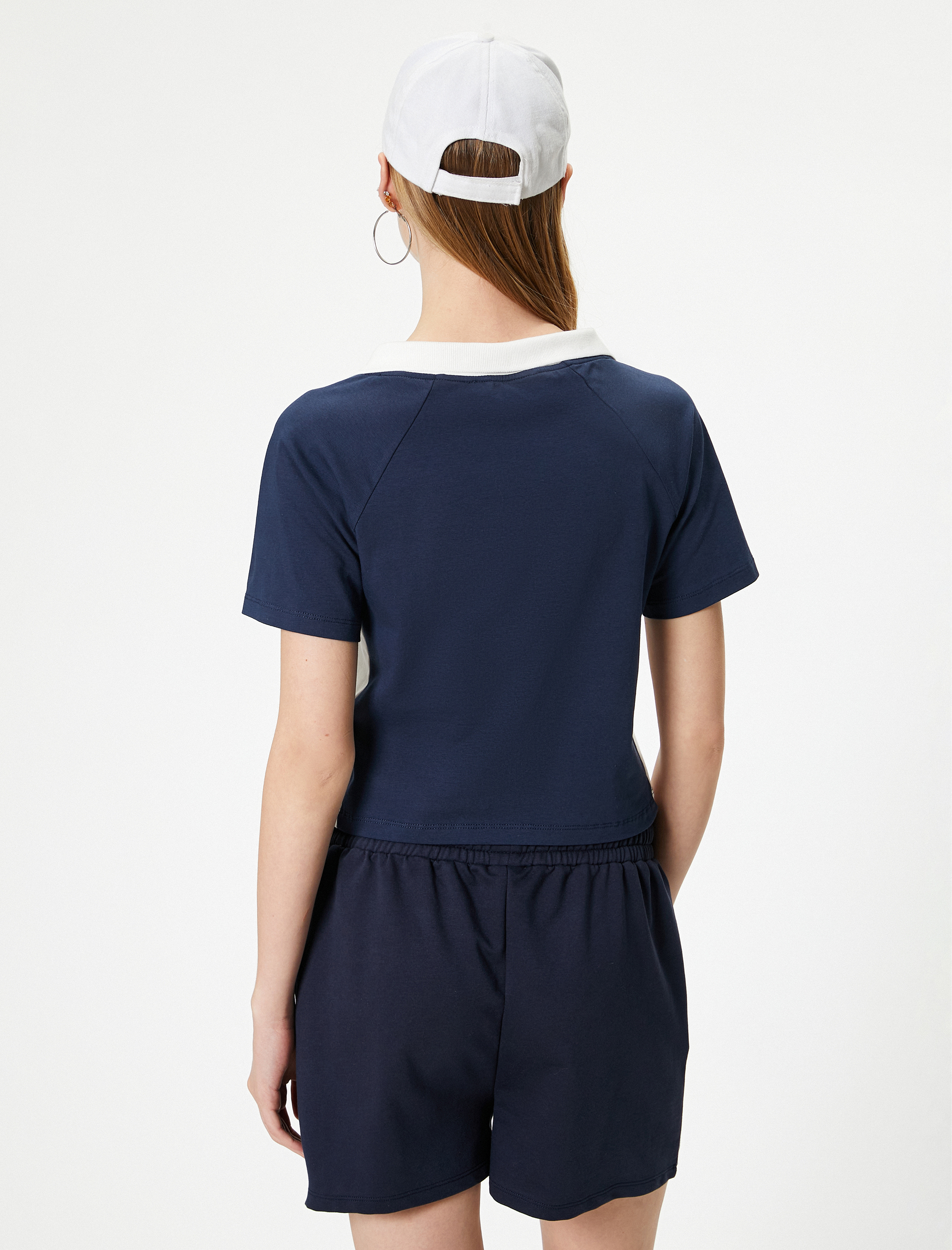   Polo Yaka Tişört  Crop Renk Kontrastlı Baskılı Slim Fit Pamuklu