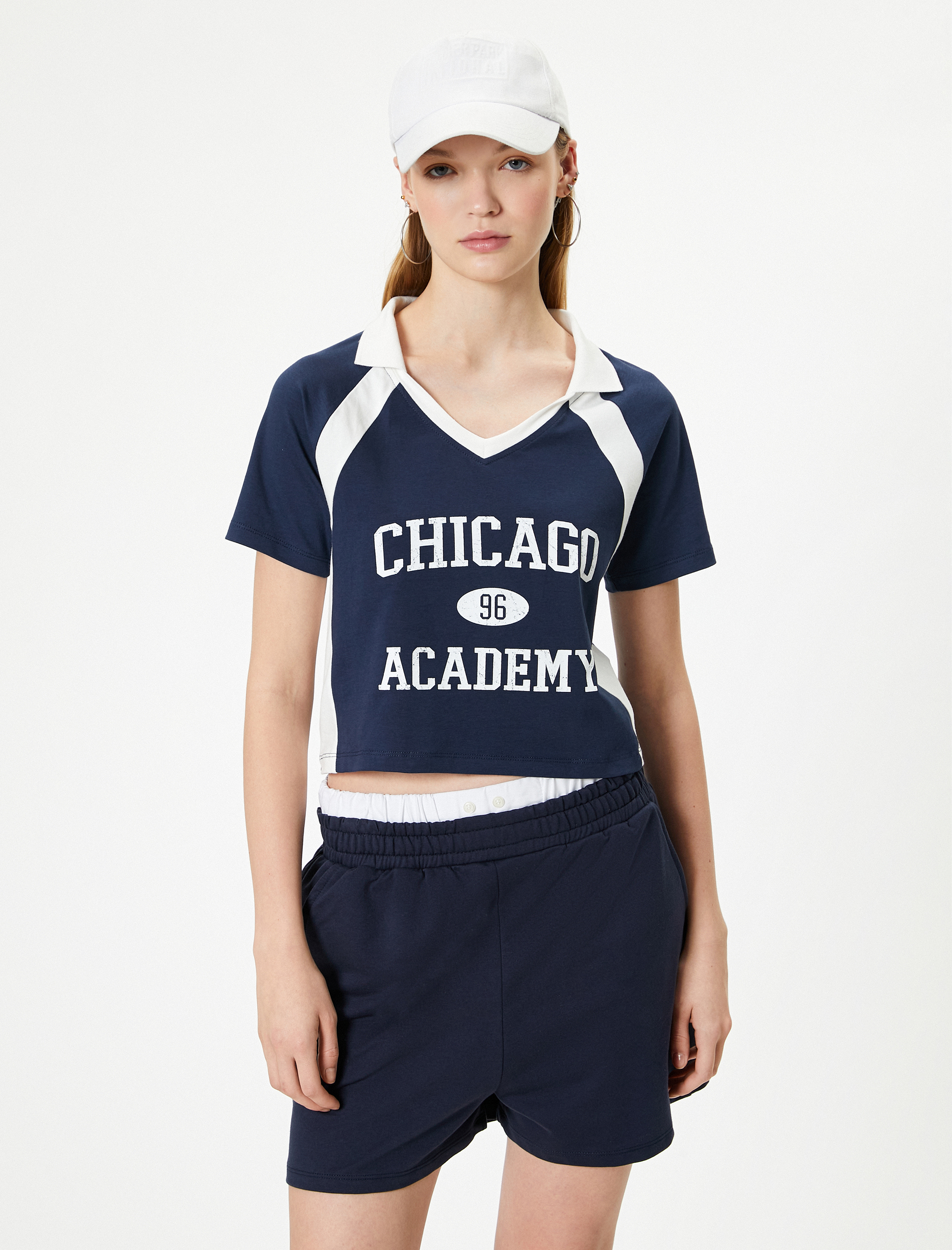   Polo Yaka Tişört  Crop Renk Kontrastlı Baskılı Slim Fit Pamuklu