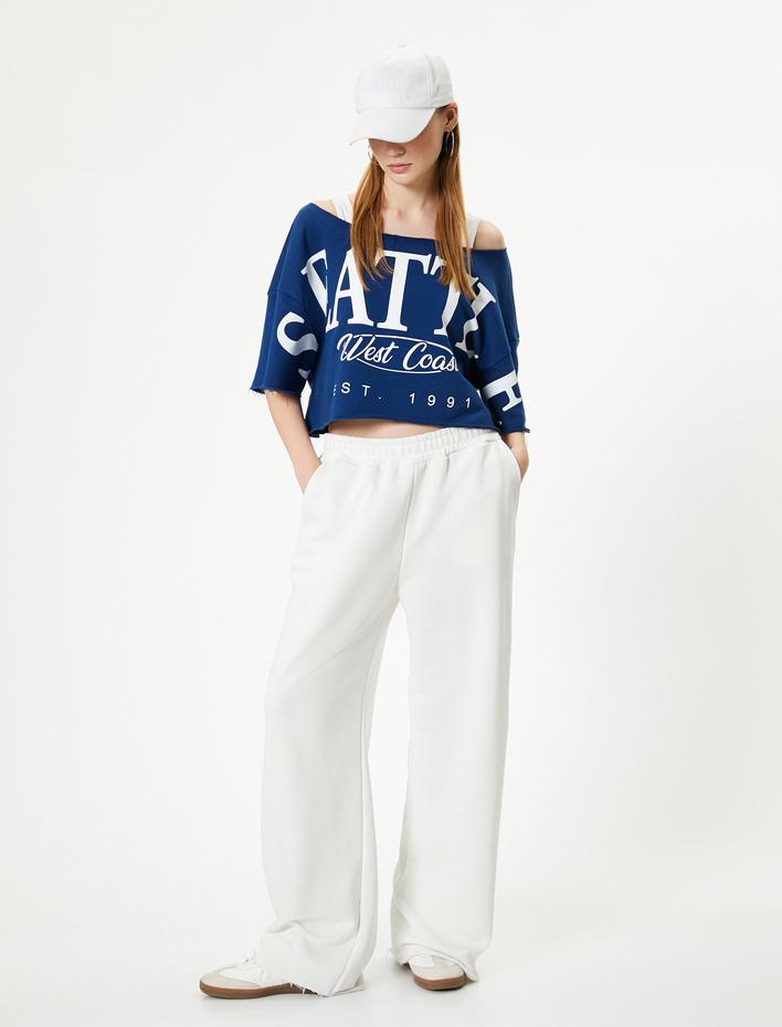  Crop Oversize Tişört Baskılı Kısa Kollu Kayık Yaka