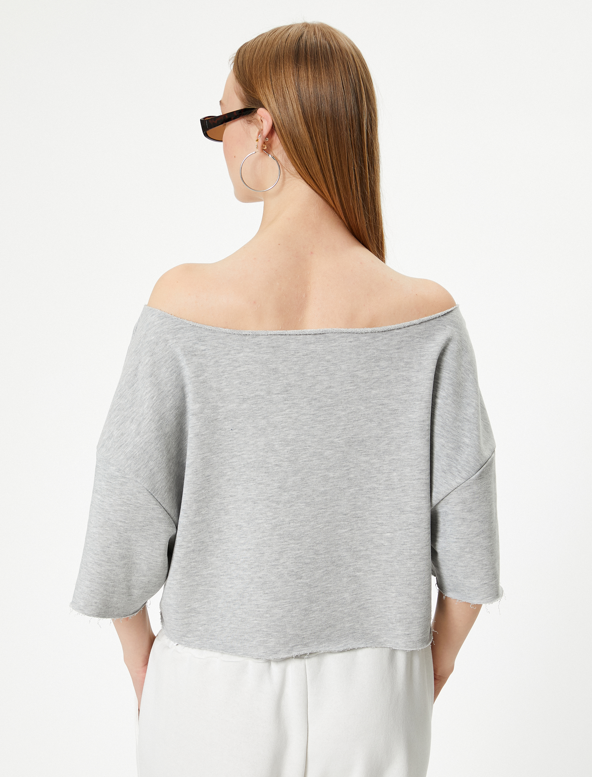   Crop Oversize Tişört Baskılı Kısa Kollu Kayık Yaka