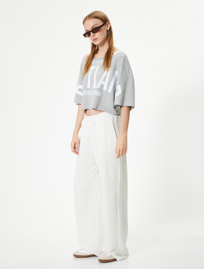  Crop Oversize Tişört Baskılı Kısa Kollu Kayık Yaka