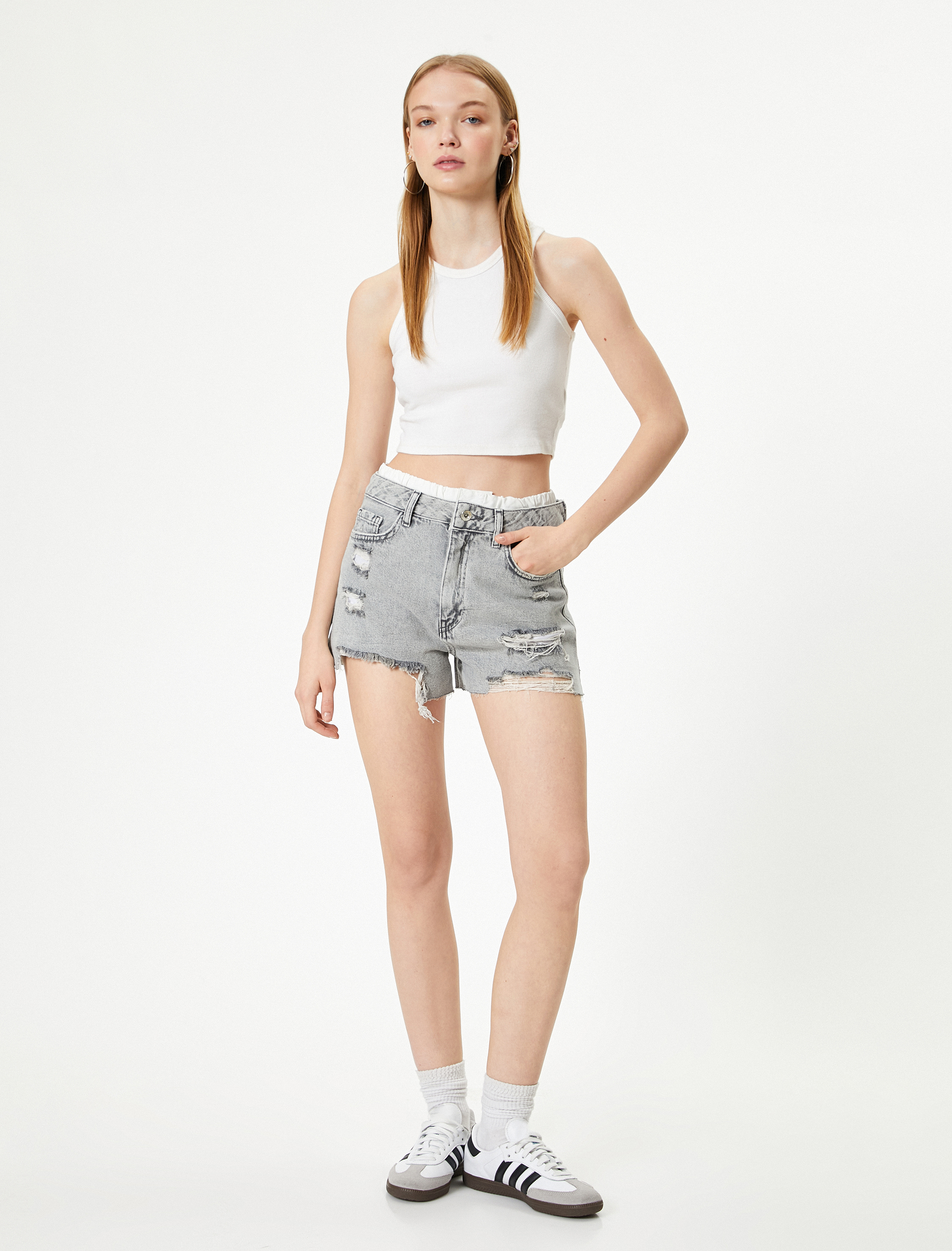   Mini Kot Şort Çift Bel Detaylı Yıpratılmış Cepli Yüksek Bel