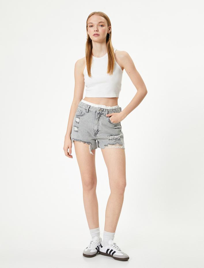  Mini Kot Şort Çift Bel Detaylı Yıpratılmış Cepli Yüksek Bel