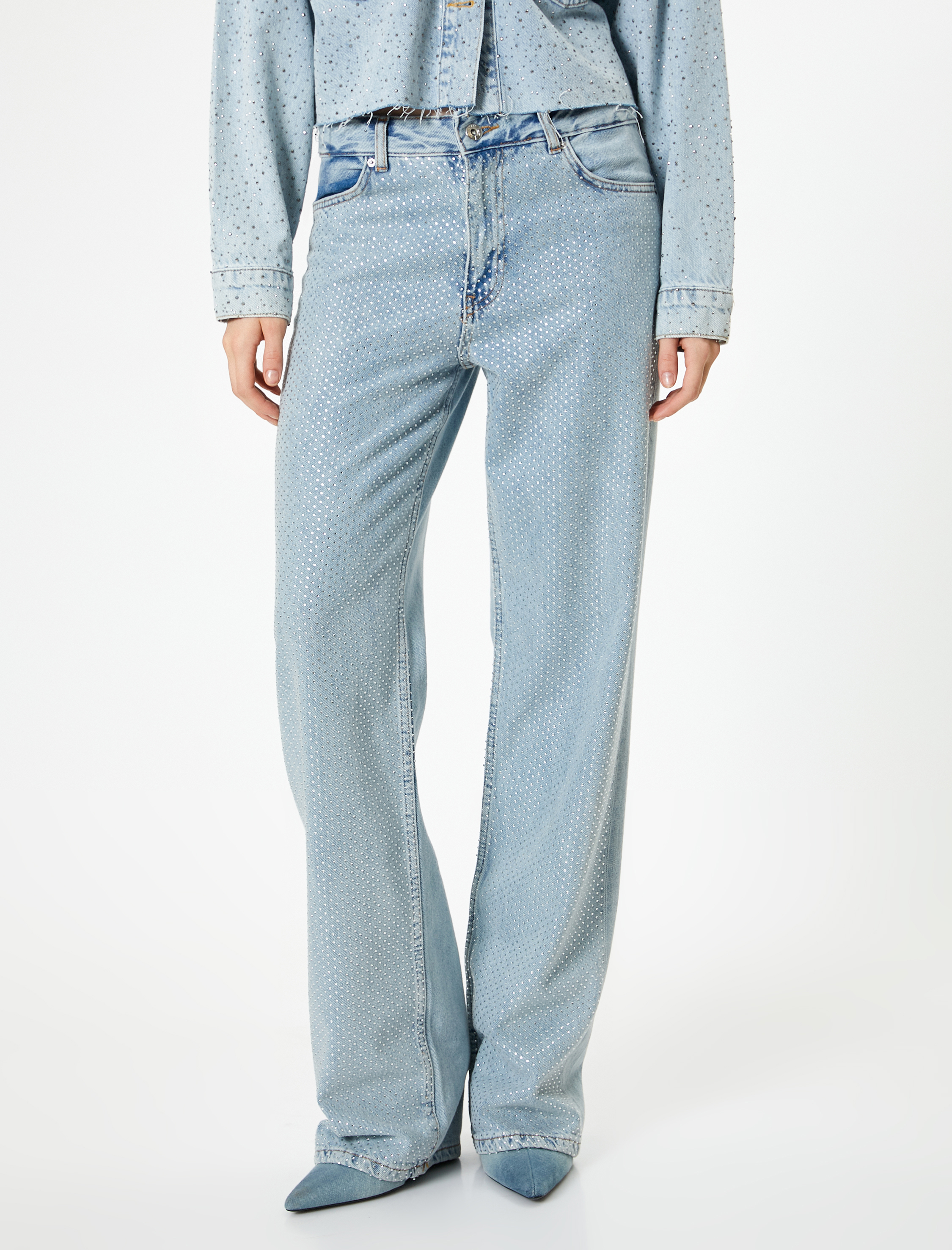   Taşlı Kot Pantolon Düşük Bel Düz Paça - Nora Longer Straight Jeans