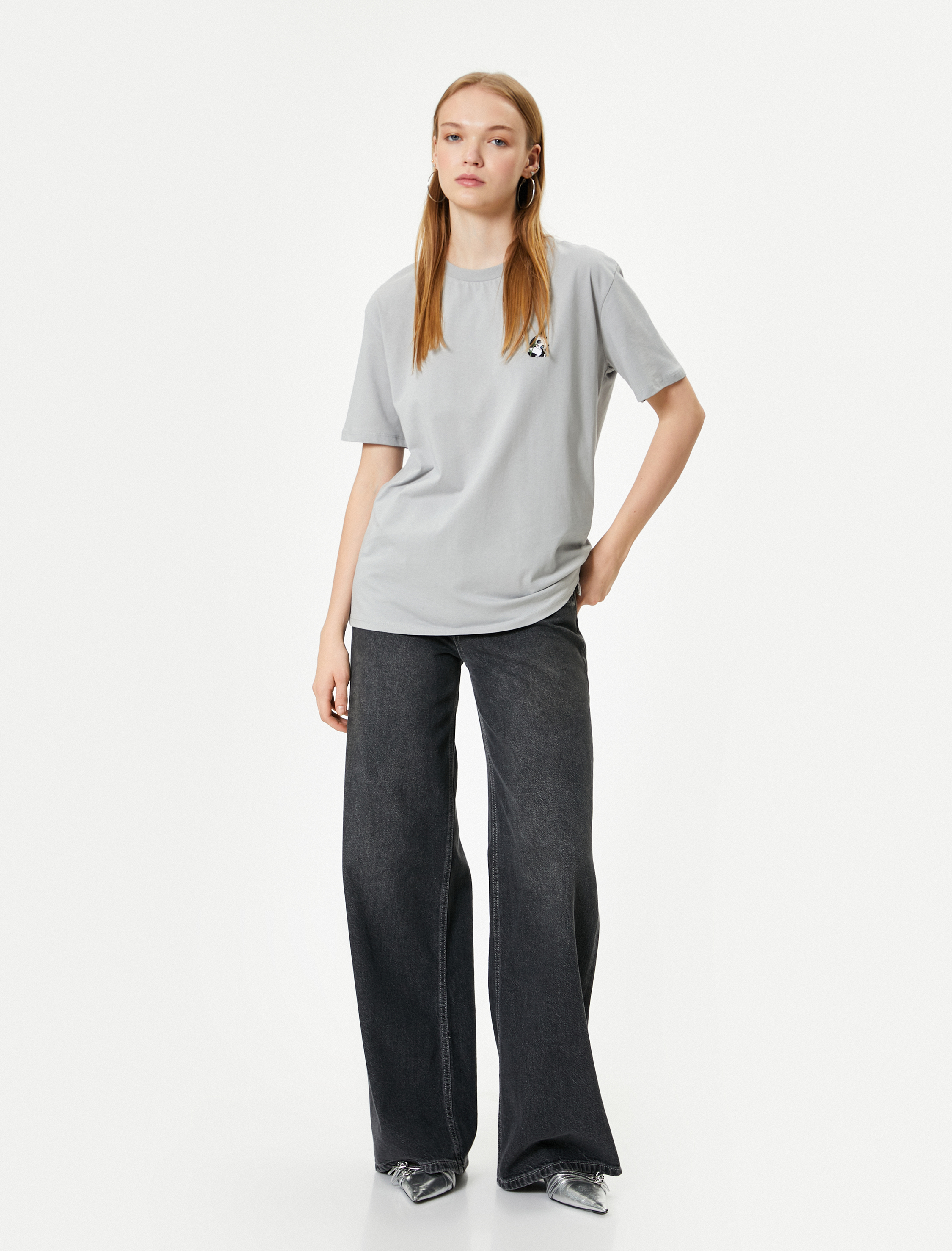   Panda İşleme Detaylı Tişört Rahat Kalıp Kısa Kollu Bisiklet Yaka