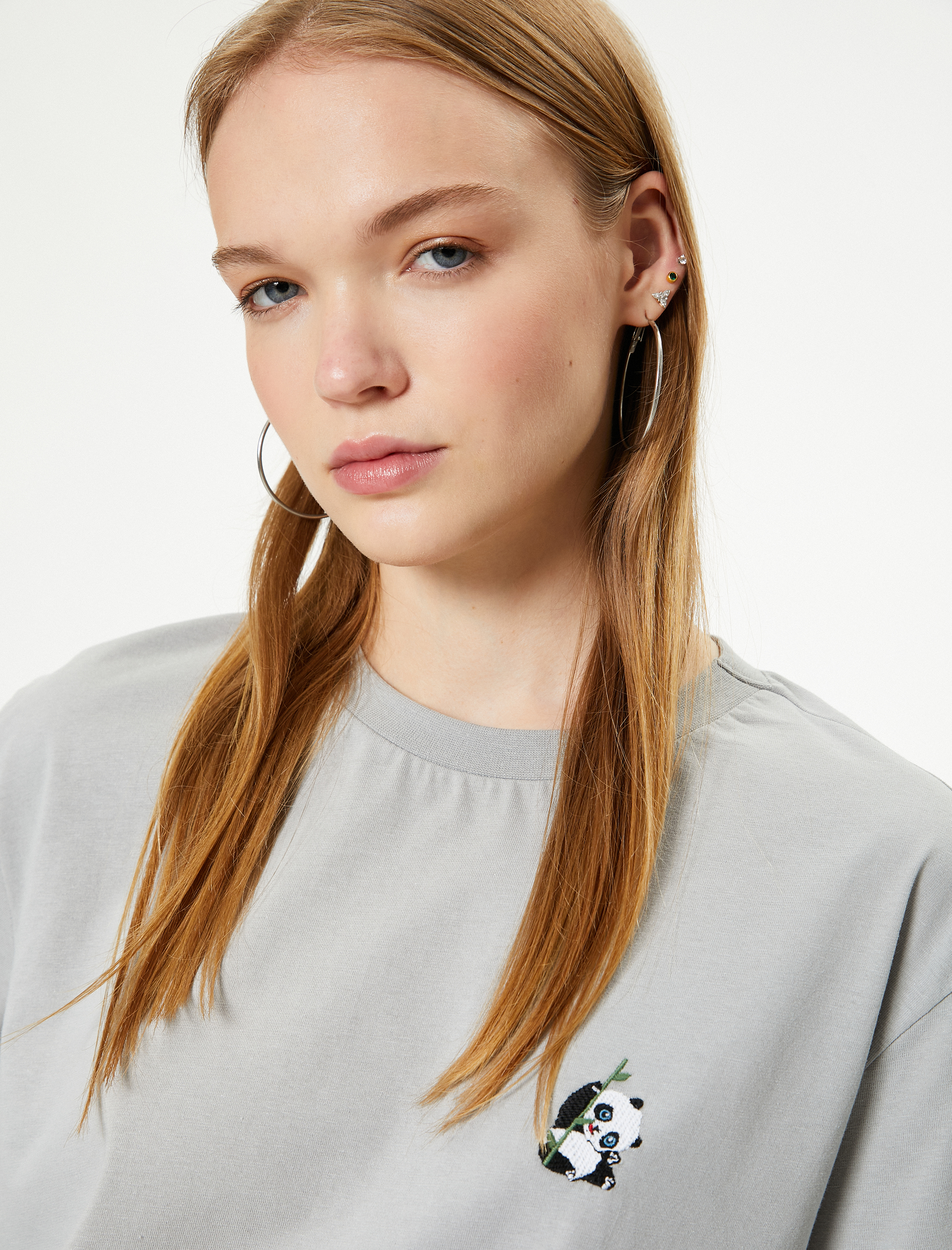   Panda İşleme Detaylı Tişört Rahat Kalıp Kısa Kollu Bisiklet Yaka