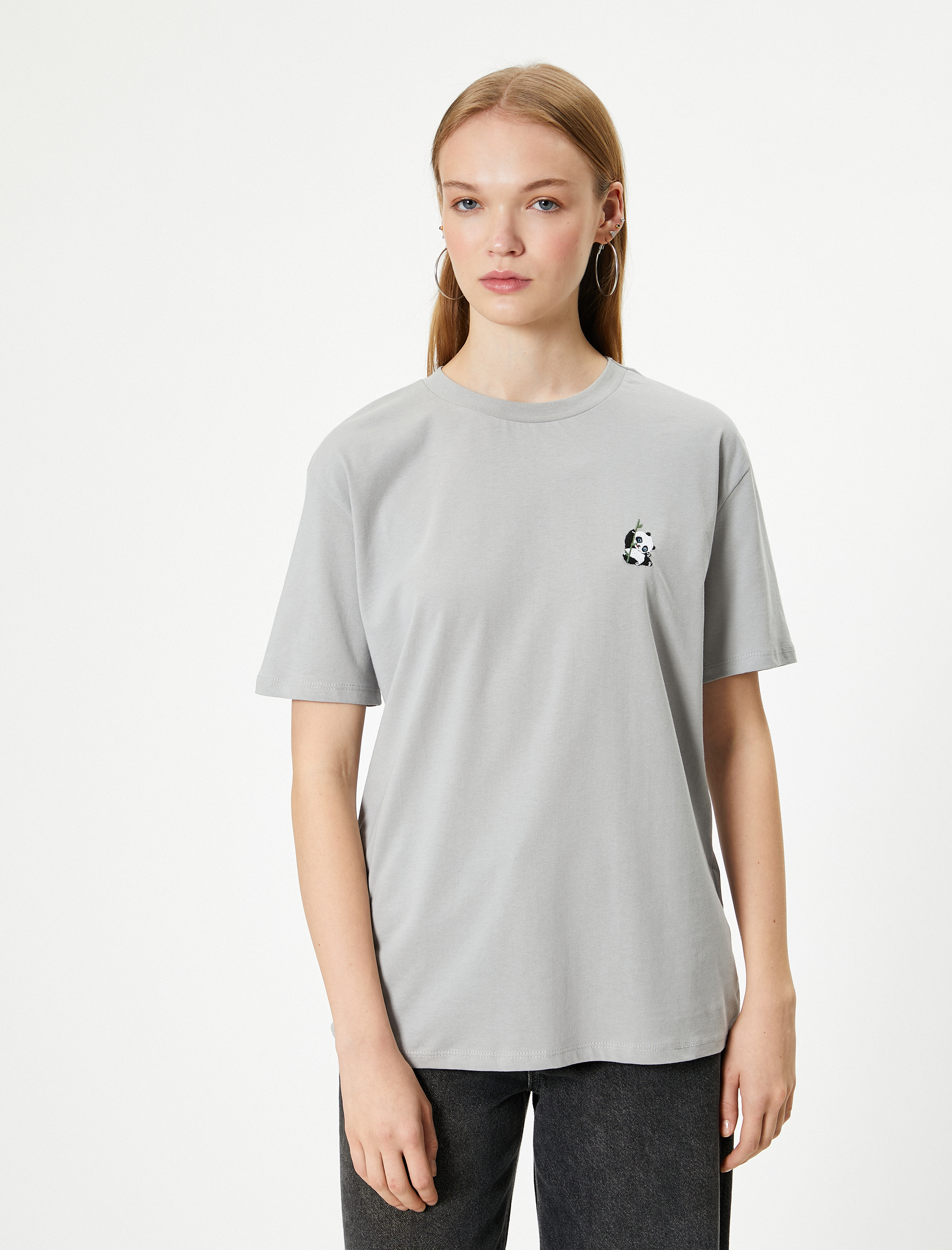   Panda İşleme Detaylı Tişört Rahat Kalıp Kısa Kollu Bisiklet Yaka