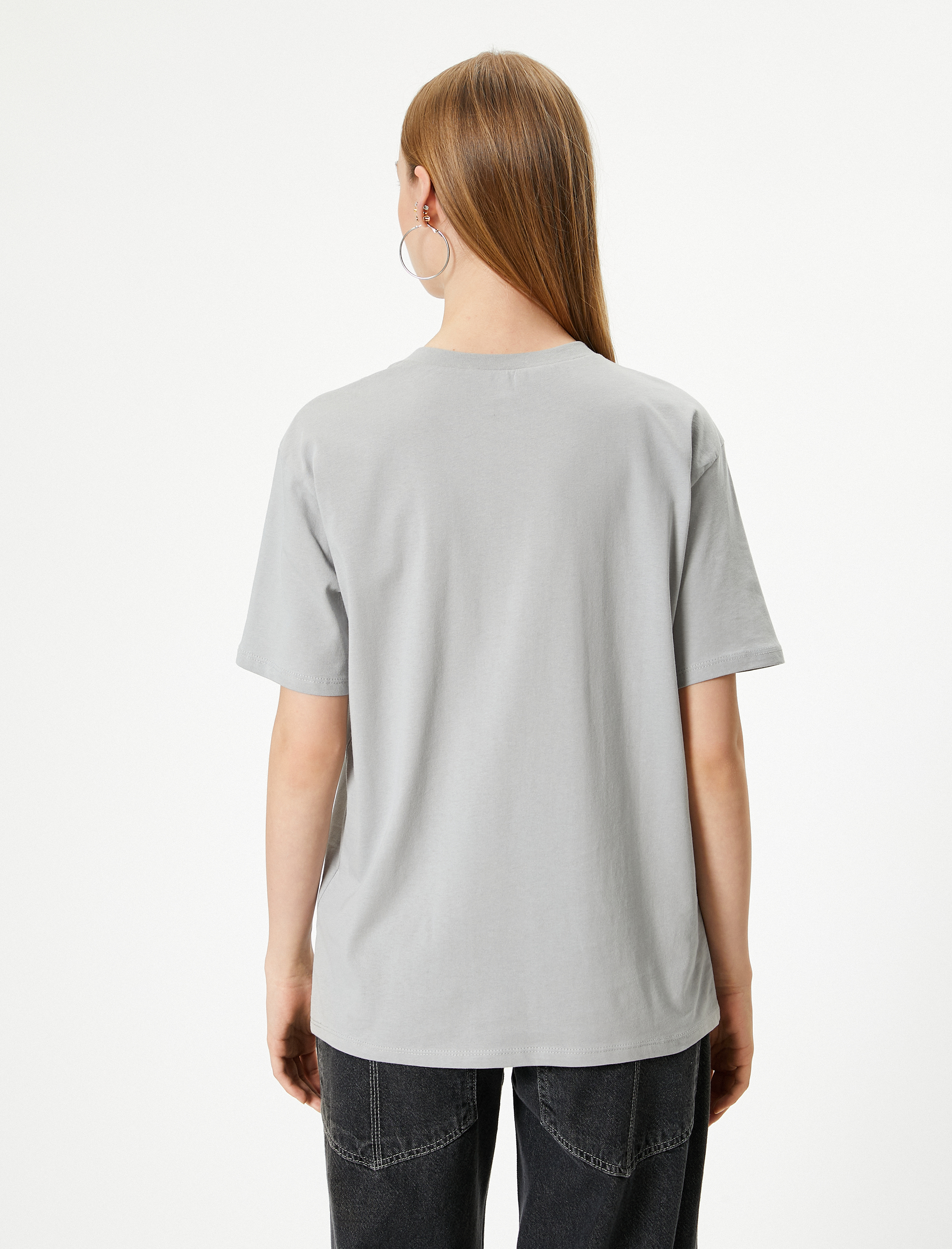   Panda İşleme Detaylı Tişört Rahat Kalıp Kısa Kollu Bisiklet Yaka