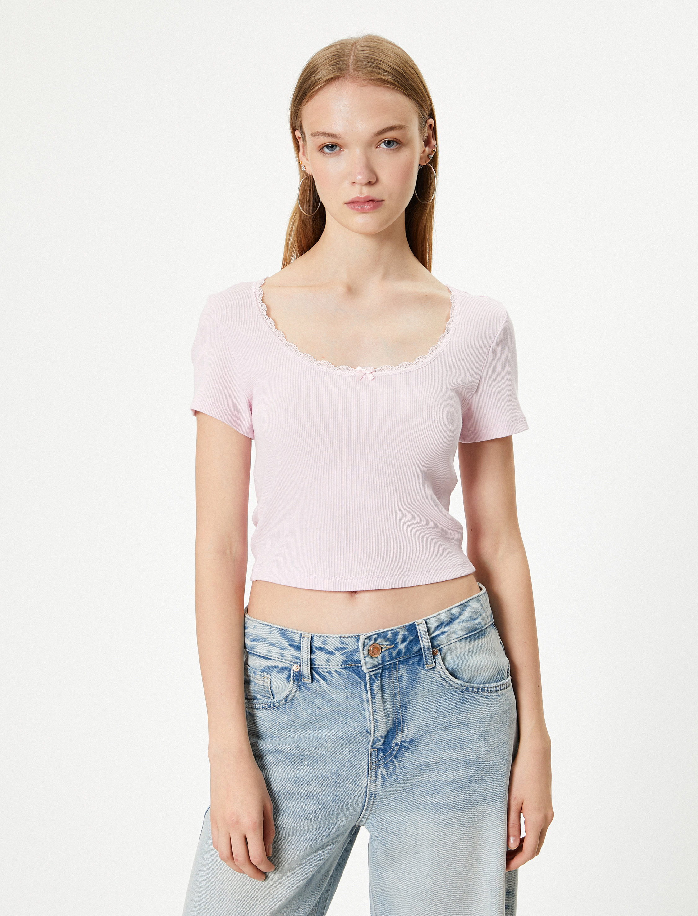 U Yaka Basic Crop Tişört Ribanalı Dantel Detaylı Kısa Kollu Pamuklu
