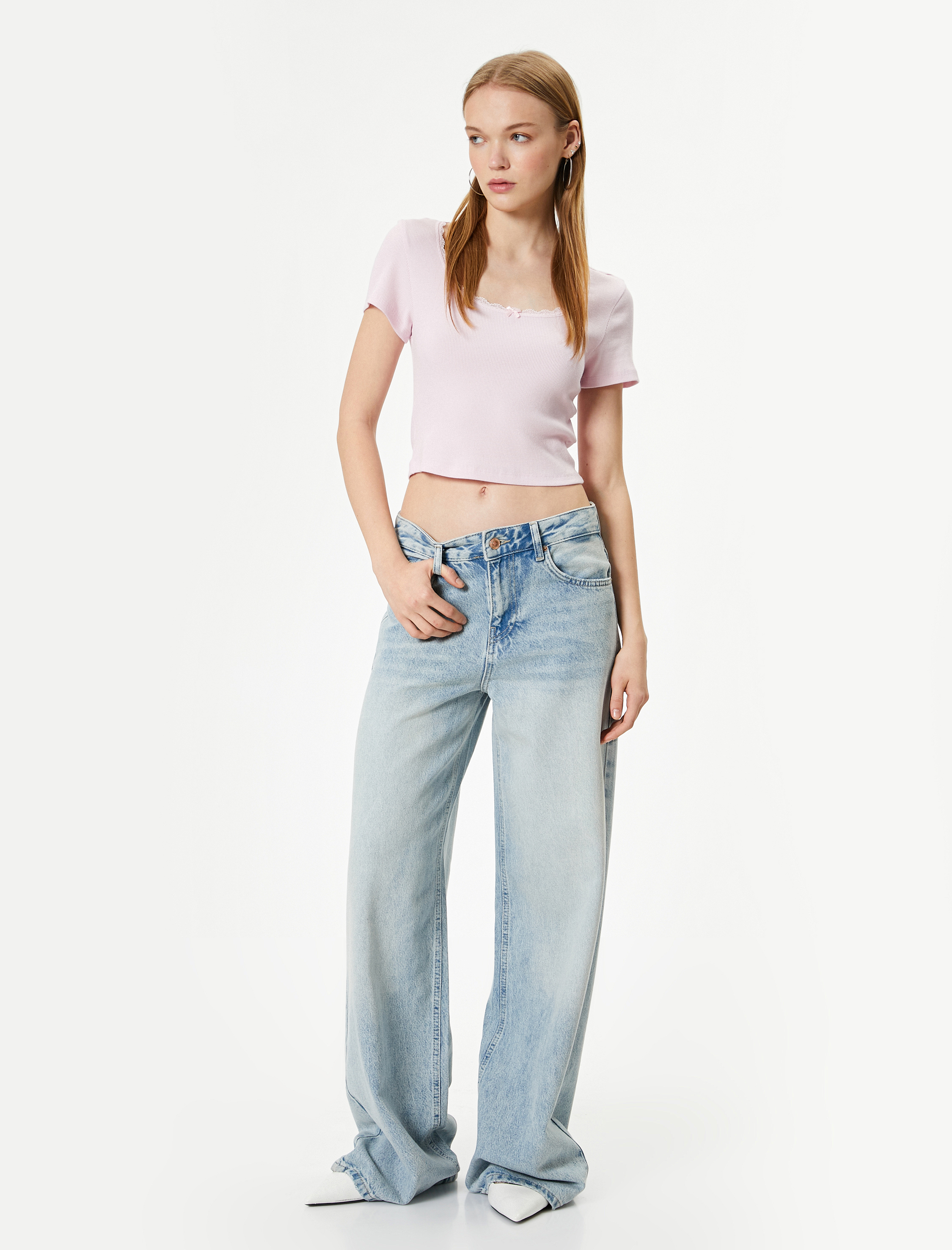 U Yaka Basic Crop Tişört Ribanalı Dantel Detaylı Kısa Kollu Pamuklu