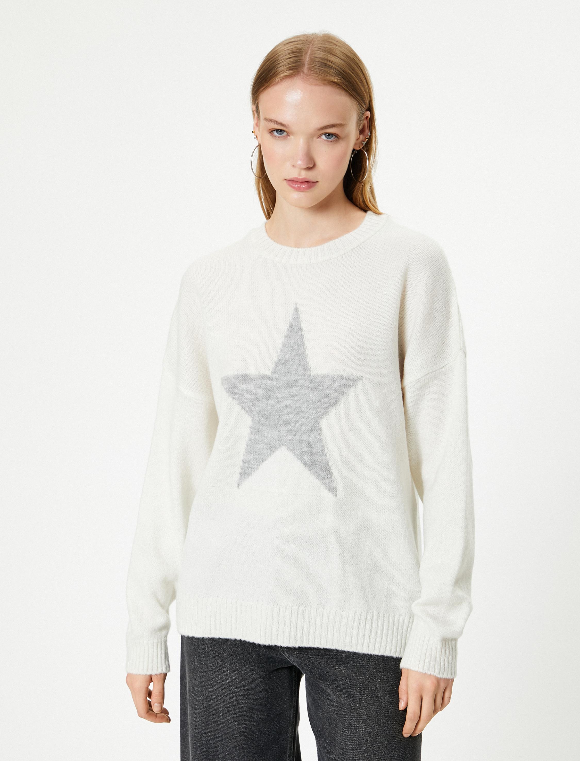   Yıldız Desenli Kazak Uzun Kollu Bisiklet Yaka Yumuşak Dokulu