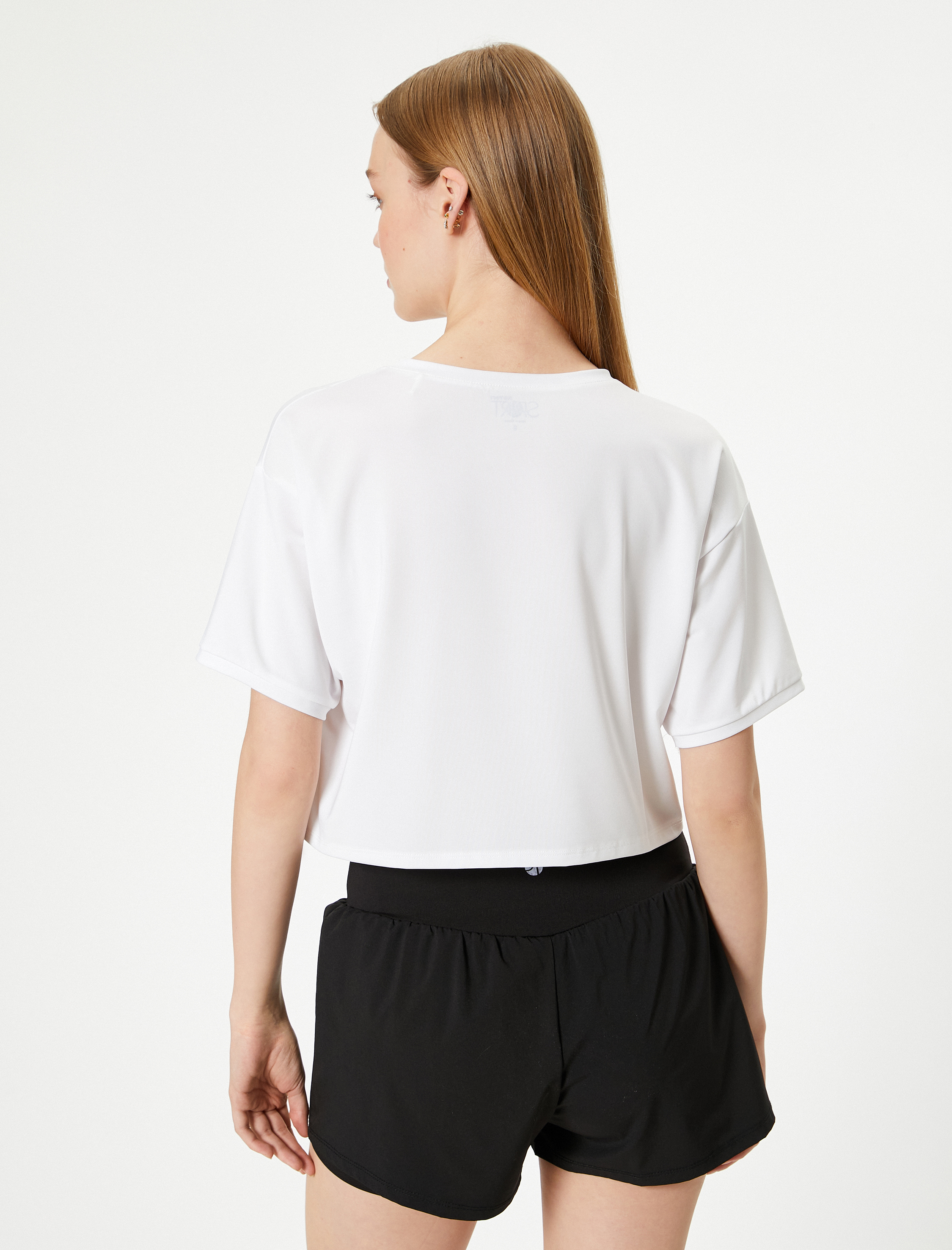   Crop Spor Tişört Kısa Kollu Bisiklet Yaka Baskı Detaylı