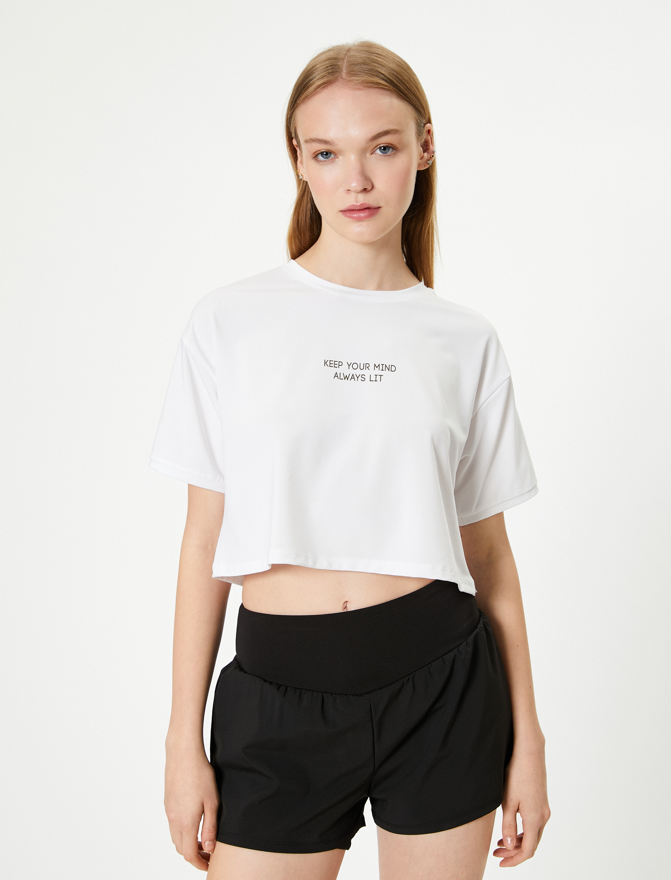   Crop Spor Tişört Kısa Kollu Bisiklet Yaka Baskı Detaylı