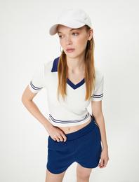 Polo Yaka Tişört  Crop Renk Kontrastlı Çizgili Slim Fit  Viskoz Kumaş