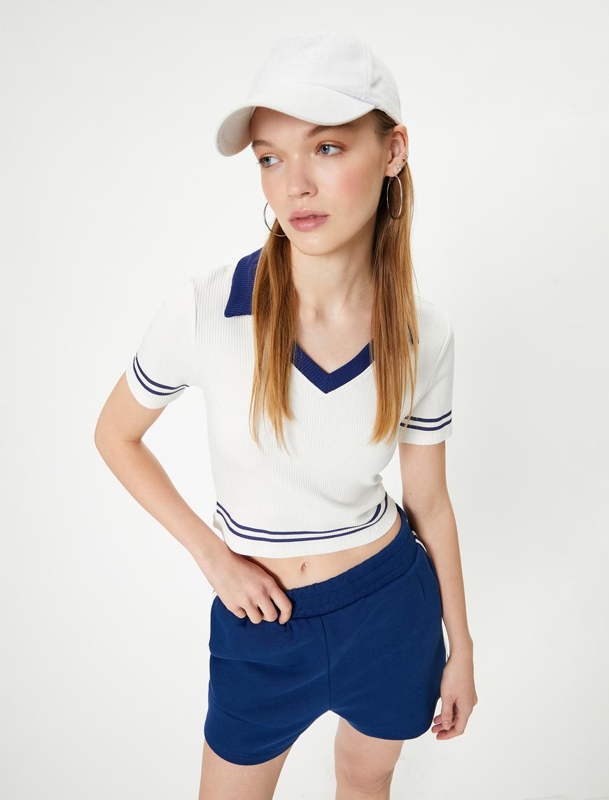   Polo Yaka Tişört  Crop Renk Kontrastlı Çizgili Slim Fit  Viskoz Kumaş