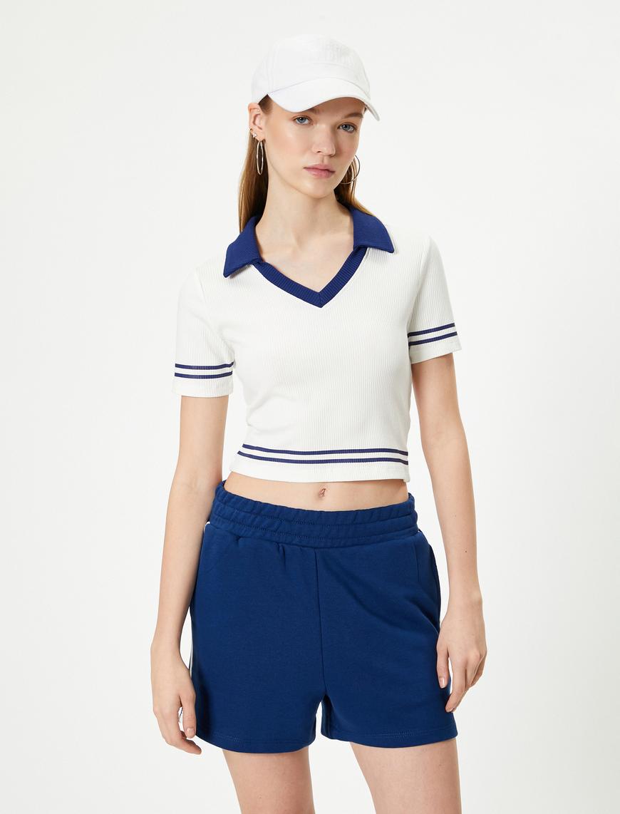   Polo Yaka Tişört  Crop Renk Kontrastlı Çizgili Slim Fit  Viskoz Kumaş