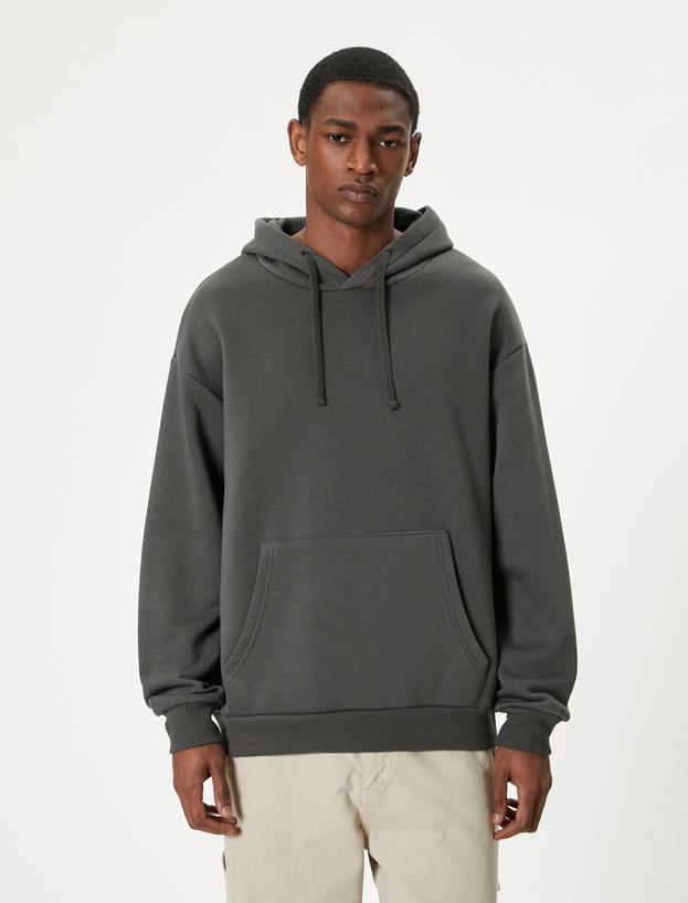 Oversize Sweatshirt Kapşonlu Uzun Kollu Kanguru Cep Detaylı_2