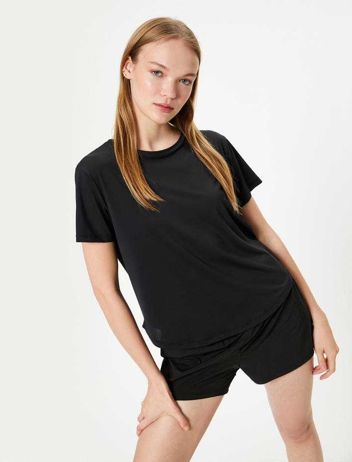  Arkası Pencere Detaylı Spor Tişört Kısa Kollu Bisiklet Yaka Rahat Kalıp