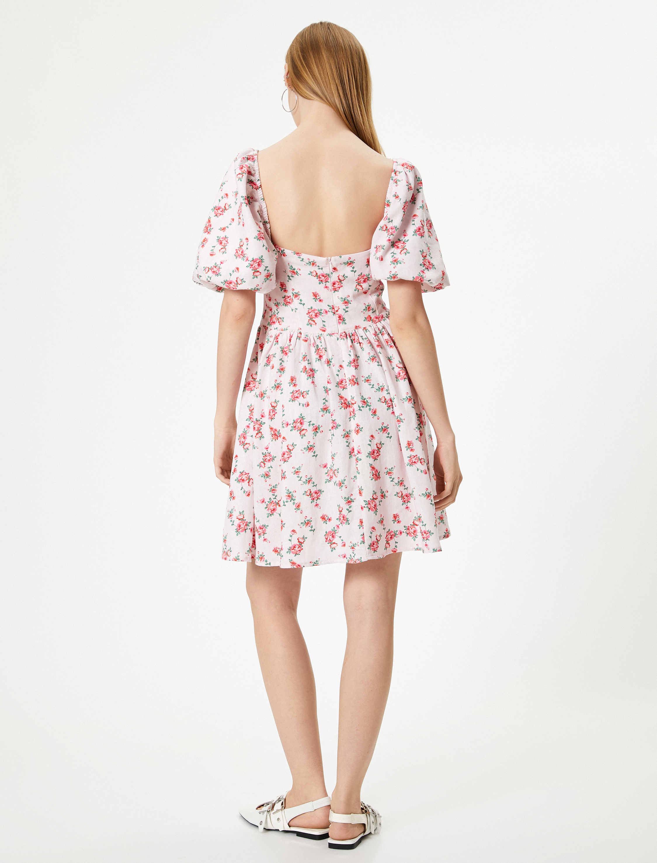 Çiçekli Balon Kol Keten Elbise Mini Boy Kalp Yaka