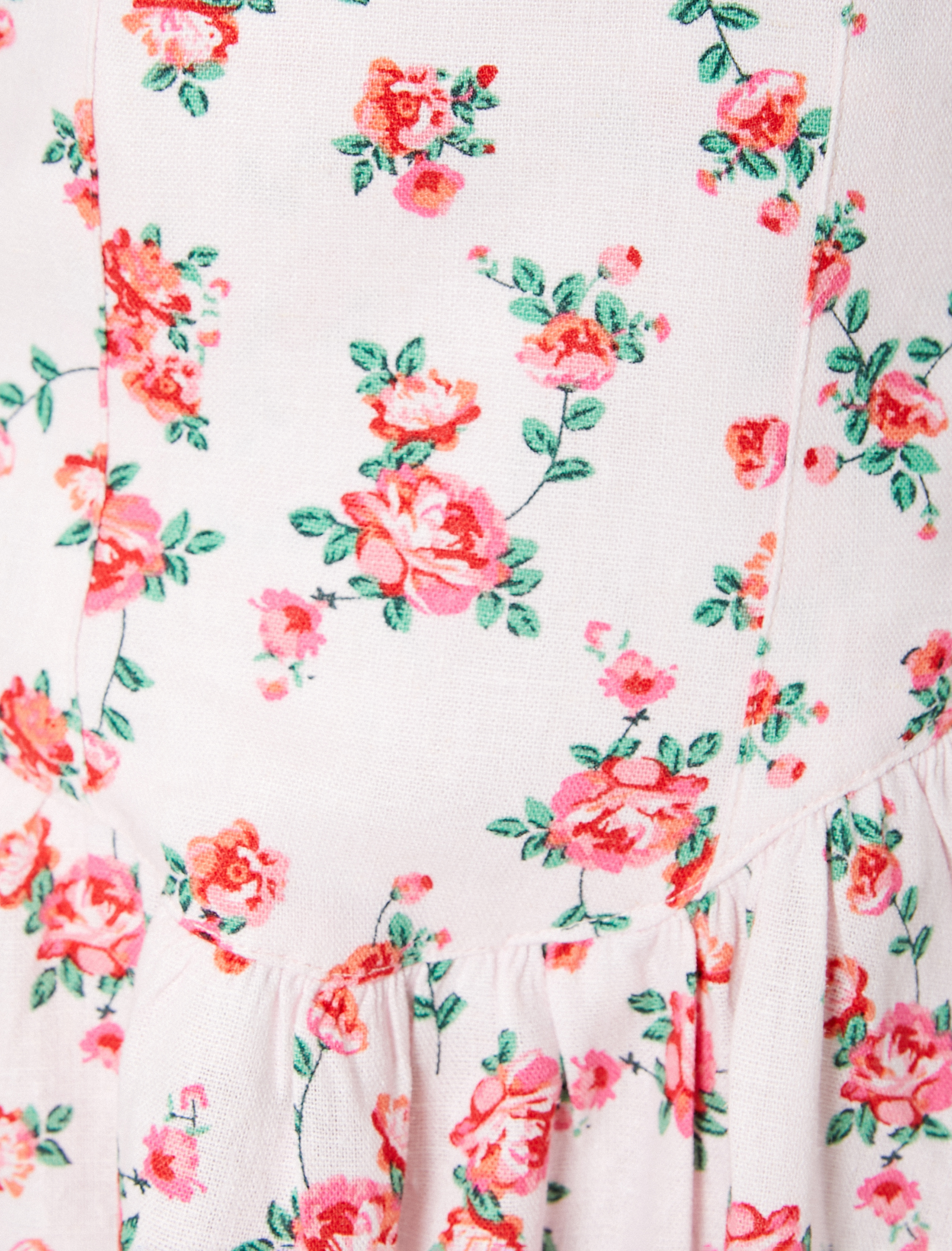 Çiçekli Balon Kol Keten Elbise Mini Boy Kalp Yaka