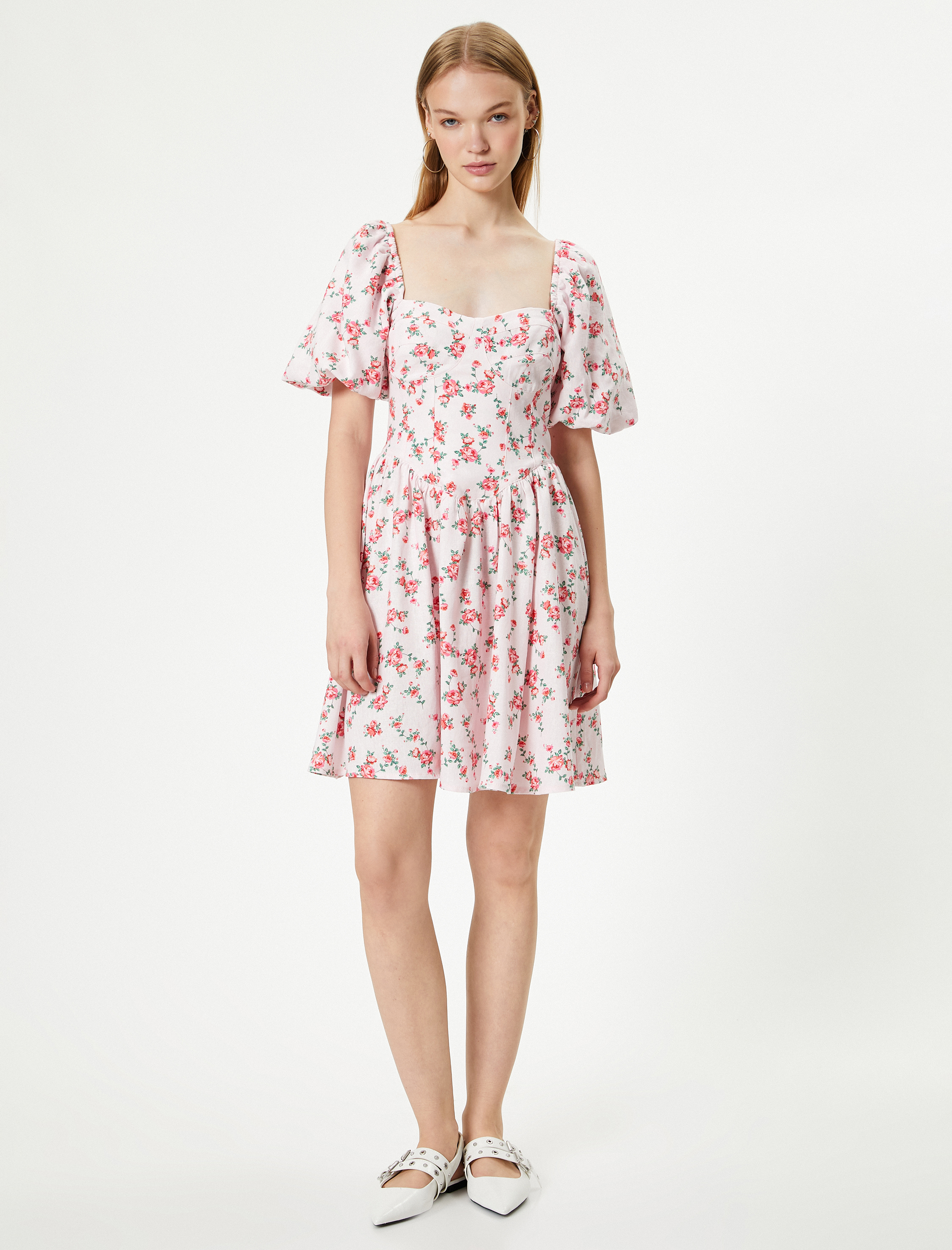 Çiçekli Balon Kol Keten Elbise Mini Boy Kalp Yaka