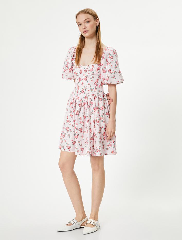  Çiçekli Balon Kol Keten Elbise Mini Boy Kalp Yaka