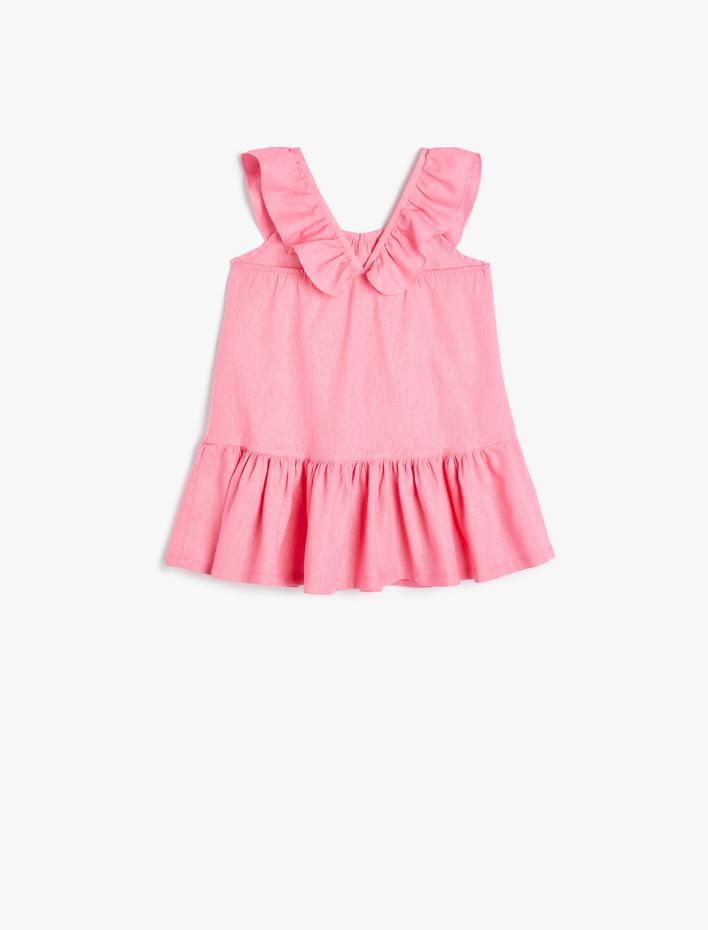 Kız Bebek Keten Elbise Askılı Arkası Çapraz Fırfırlı
