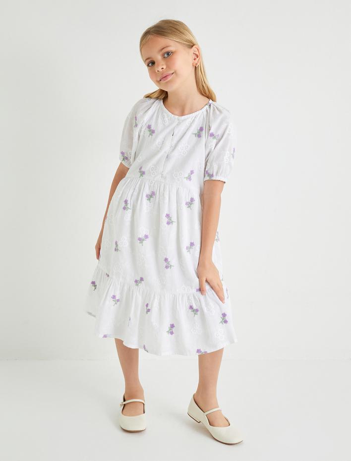 Kız Çocuk Çiçekli Elbise Brodeli Balon Kollu Pamuklu
