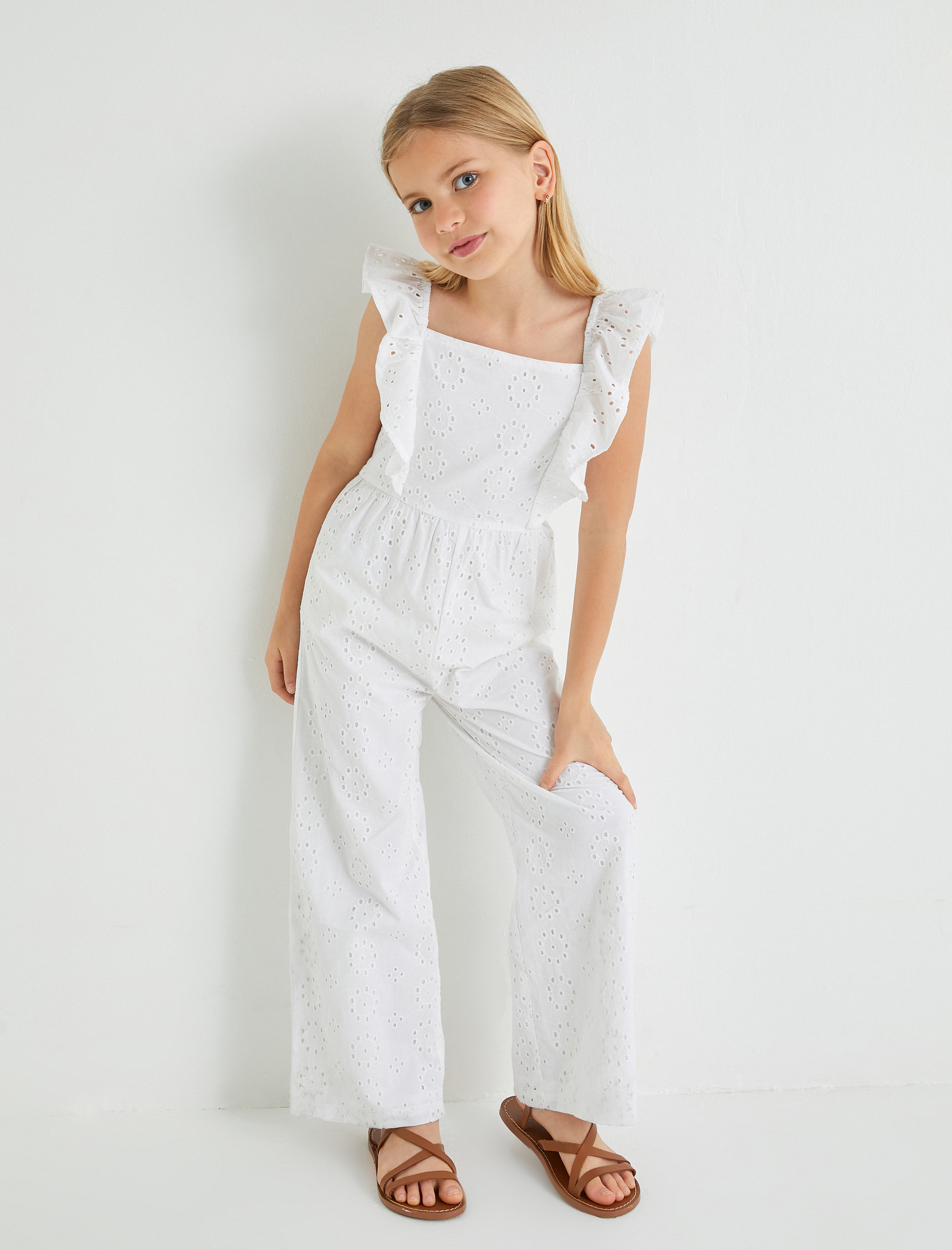  Kız Çocuk Fistolu Uzun Tulum Kare Yaka Kolsuz Fırfırlı Pamuklu