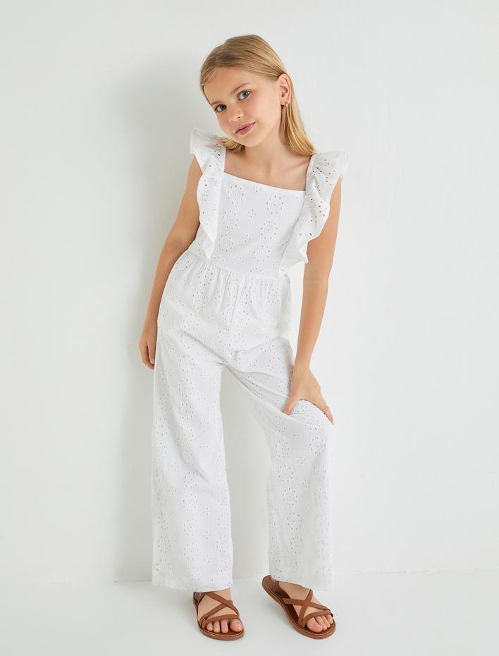 Kız Çocuk Fistolu Uzun Tulum Kare Yaka Kolsuz Fırfırlı Pamuklu